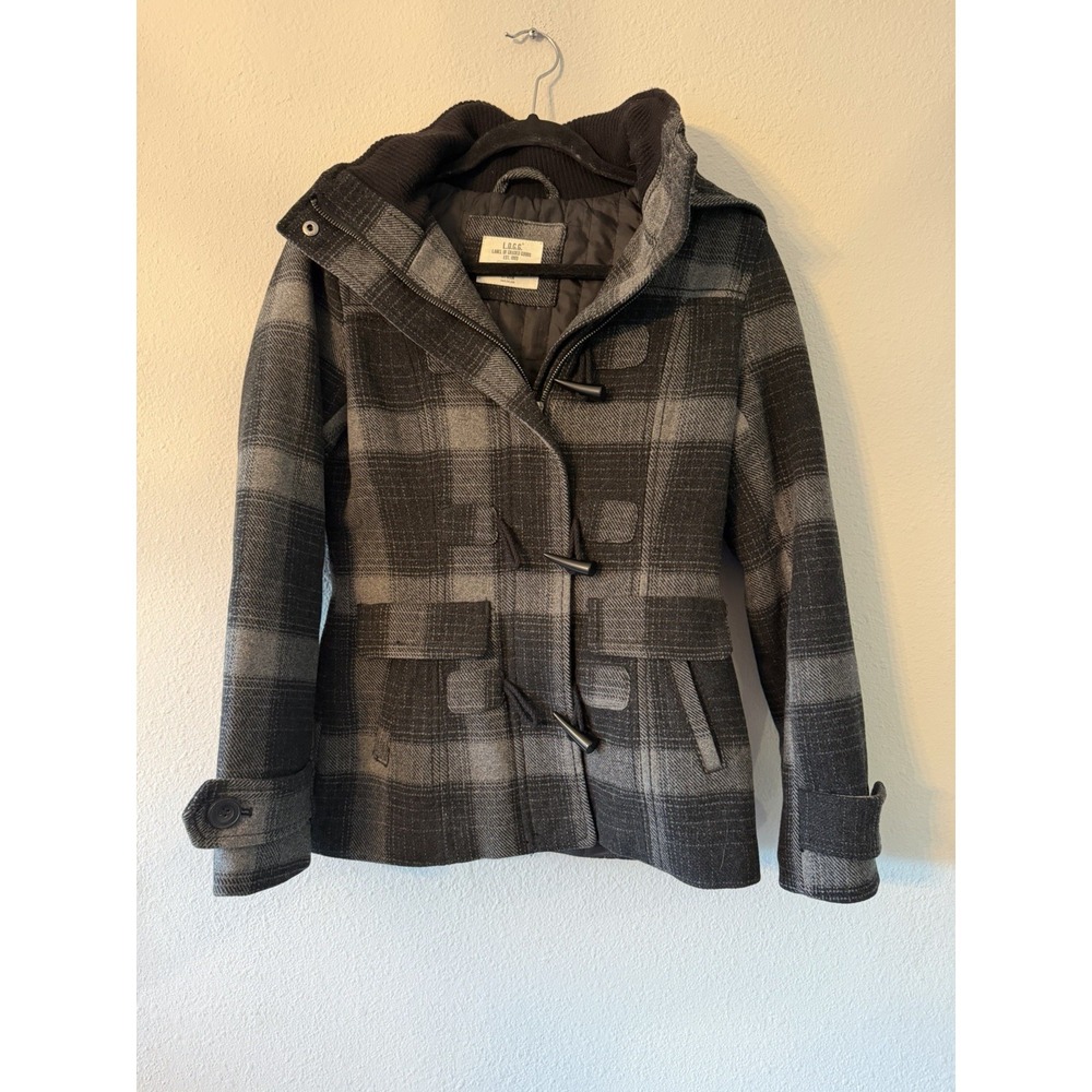 H&M L.O.G.G. Women's Wool Blend Plaid Hooded Coat Jacket Size 4 Black Gray